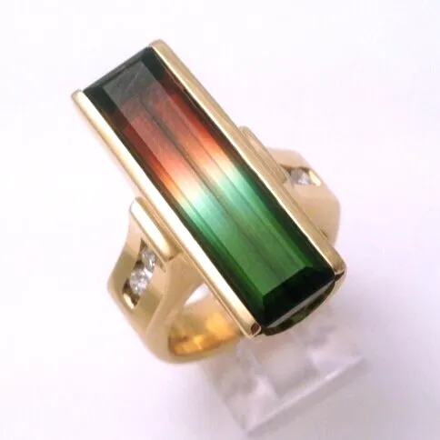 14k 10.21 Carat Watermelon Tourmaline "Collector Stone" with Perfect Colors, Clarity and Division of colors (set with 4 channel set side Diamond accents (earth mined) by Sharon Teaman