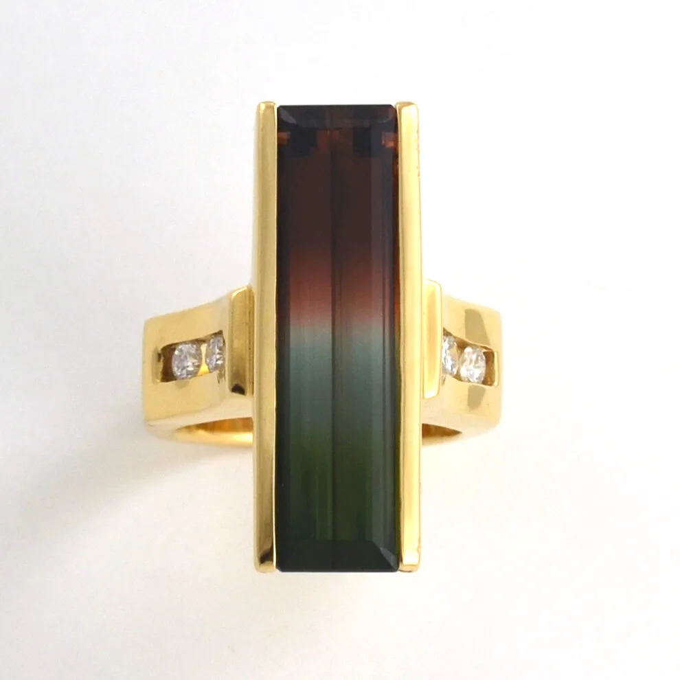 14k 10.21 Carat Watermelon Tourmaline "Collector Stone" with Perfect Colors, Clarity and Division of colors (set with 4 channel set side Diamond accents (earth mined) by Sharon Teaman — view 2
