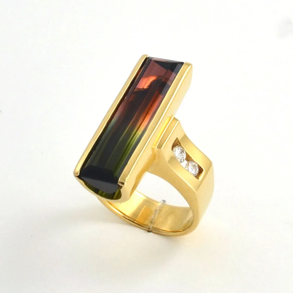14k 10.21 Carat Watermelon Tourmaline "Collector Stone" with Perfect Colors, Clarity and Division of colors (set with 4 channel set side Diamond accents (earth mined) by Sharon Teaman — view 3