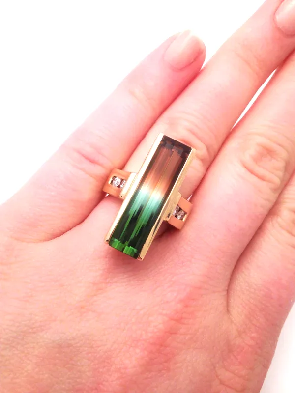 14k 10.21 Carat Watermelon Tourmaline "Collector Stone" with Perfect Colors, Clarity and Division of colors (set with 4 channel set side Diamond accents (earth mined) by Sharon Teaman — view 4
