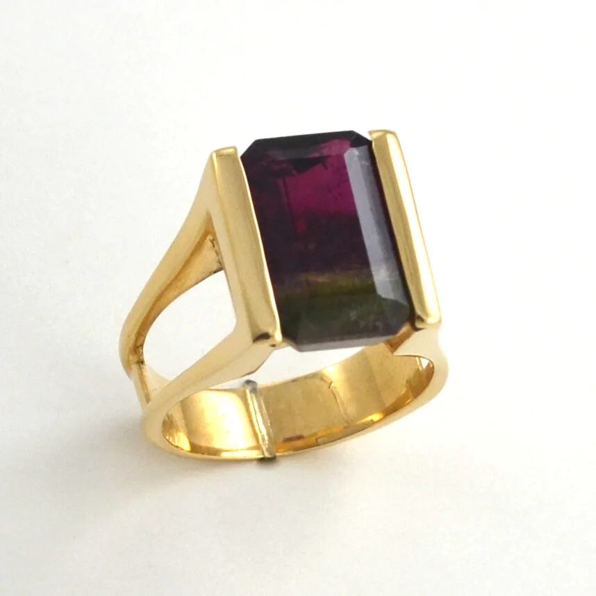 14K 6.79 carat Watermelon Tourmaline Large Emerald Cut - Statement Ring by Sharon Teaman — view 2