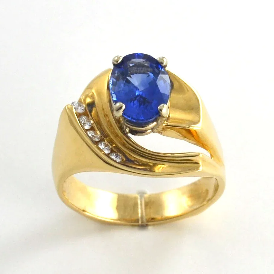 14k Ceylon Sapphire Ring 2.06 carats - Oval Cut - Perfection with 5 channel set Diamond accents (earth mined) by Sharon Teaman — view 2