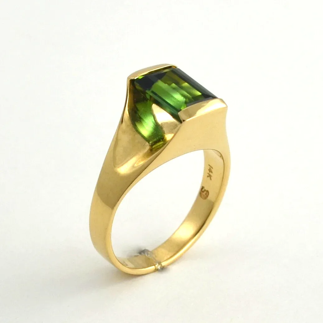 14K Classic Bar Set Green Tourmaline Ring by Sharon Teaman — view 2
