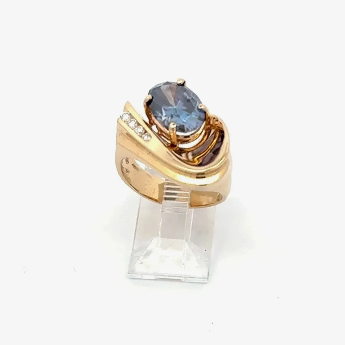 14K Oval Carat Blue Moissanite Ring accented with 4 Earth mined Diamonds by Sharon Teaman — view 2