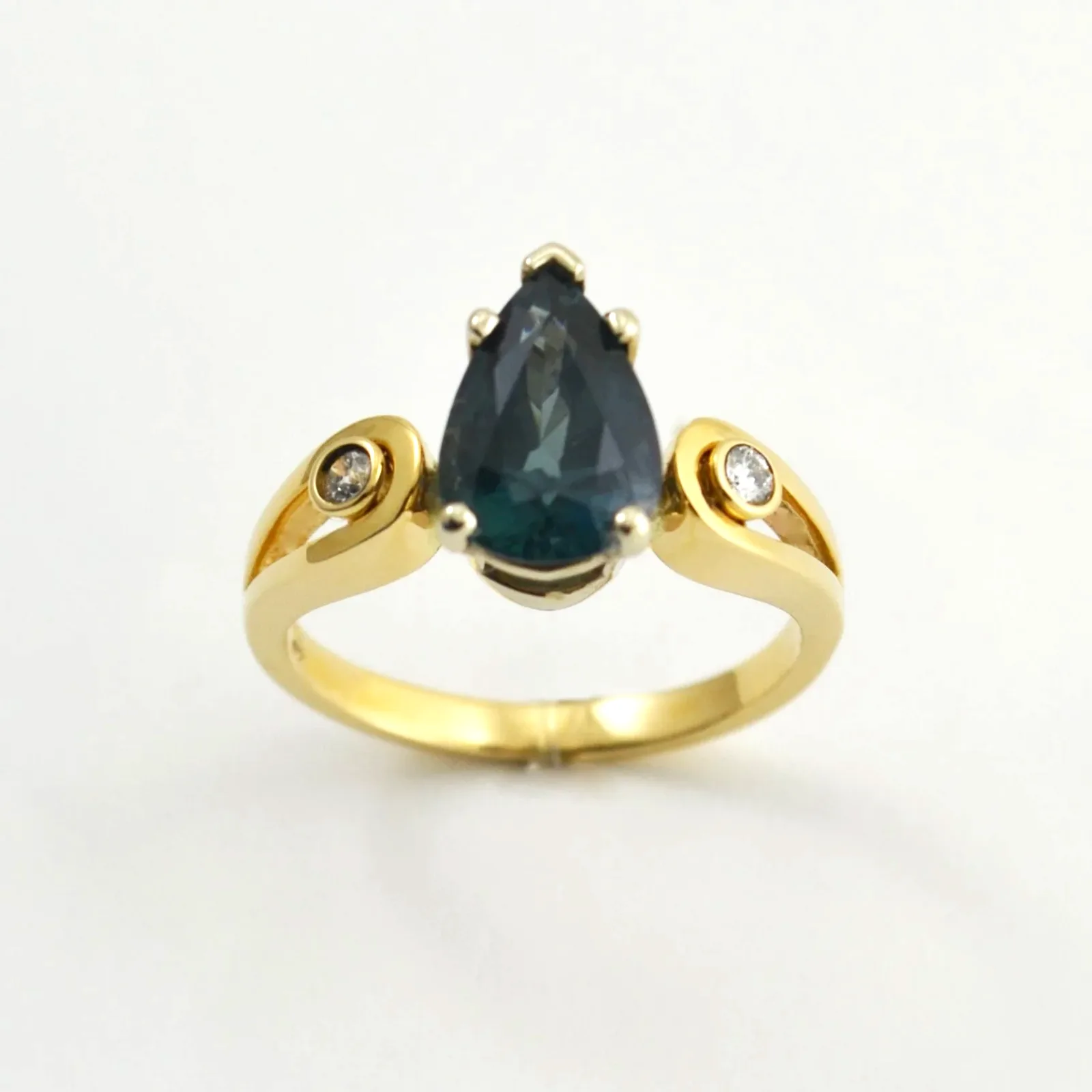 14k "Party" Sapphire 4.47 carat with Mixes of Tea & Blue in a perfect Pear Cut Ring, accented with Bezel set Diamond Accents by Sharon Teaman — view 2