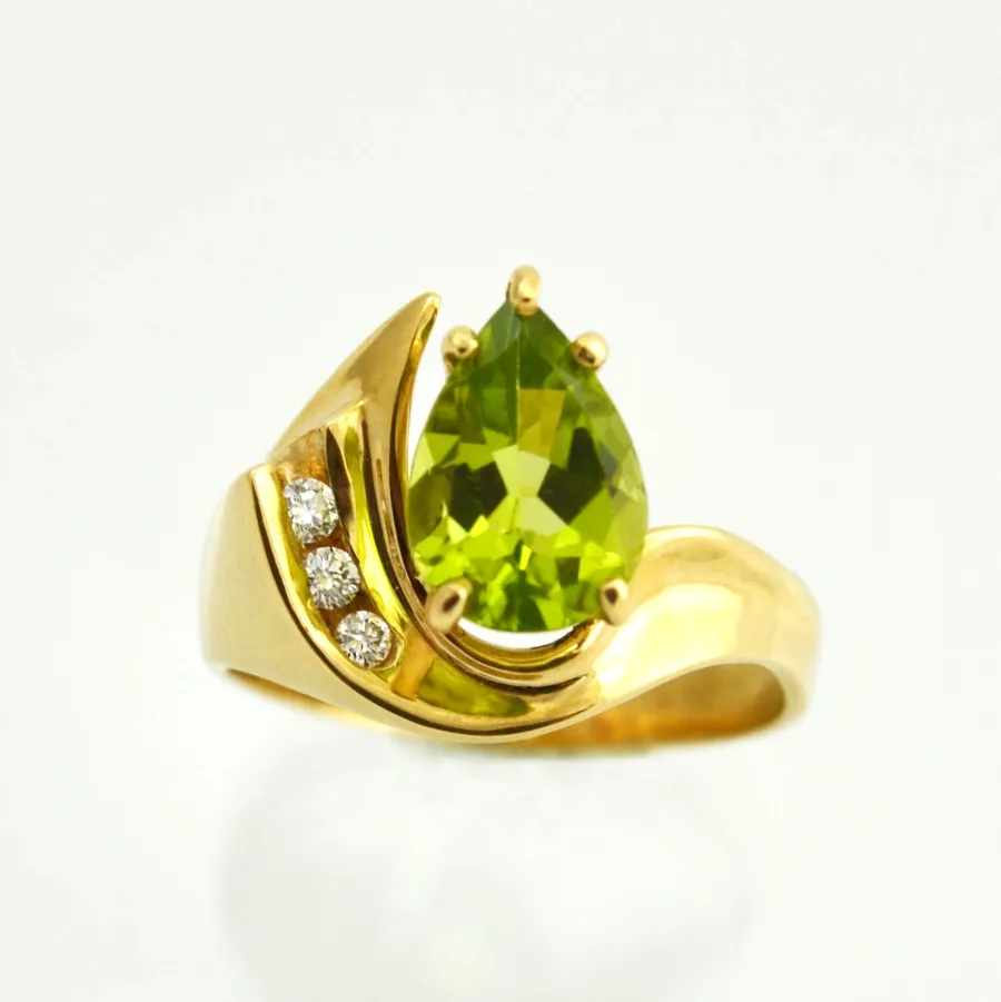 14K Pear Cut - Peridot Ring with Diamond Accents by Sharon Teaman