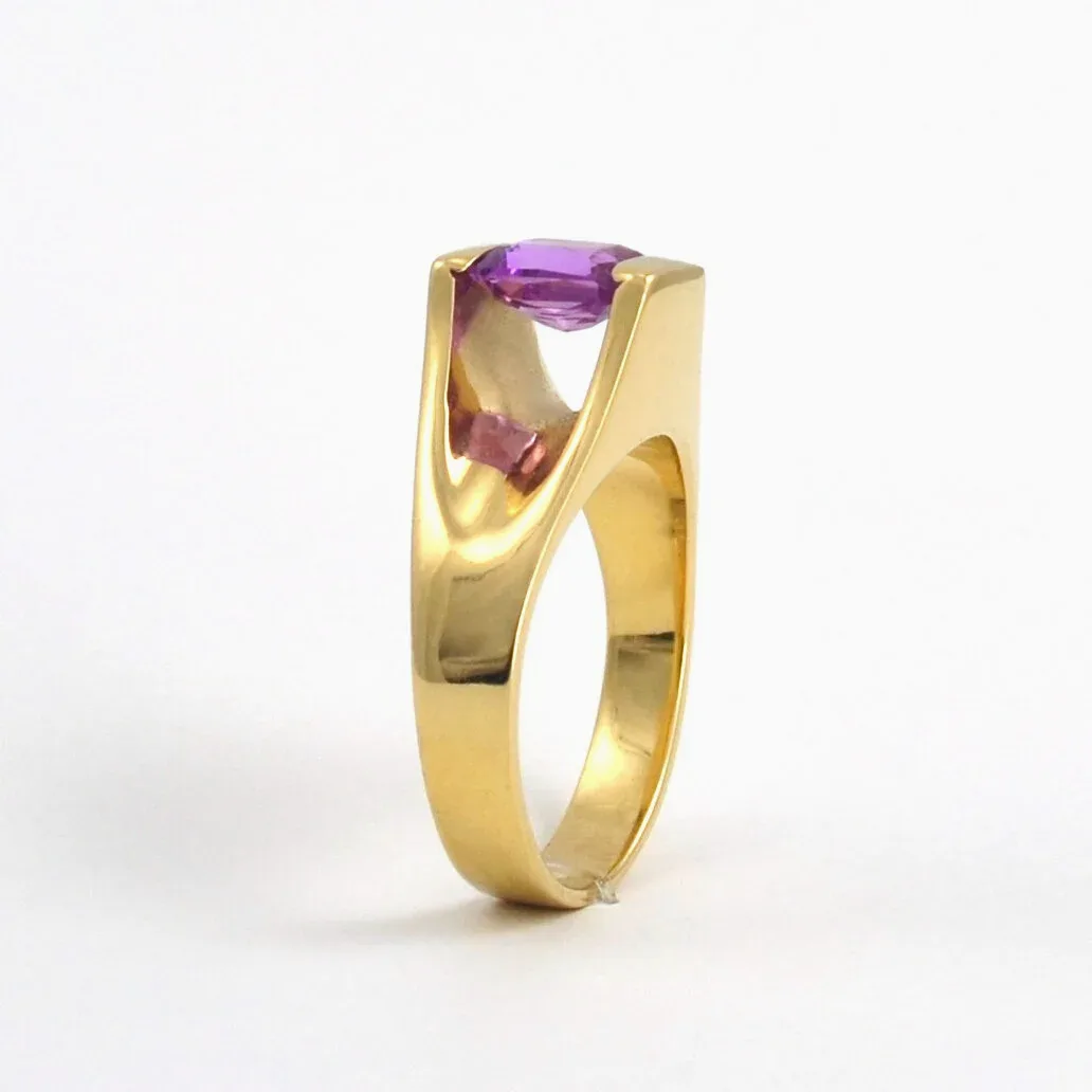 14K Pink Sapphire Ring - Rectangular cut faceted Elegant Solitaire by Sharon Teaman — view 2