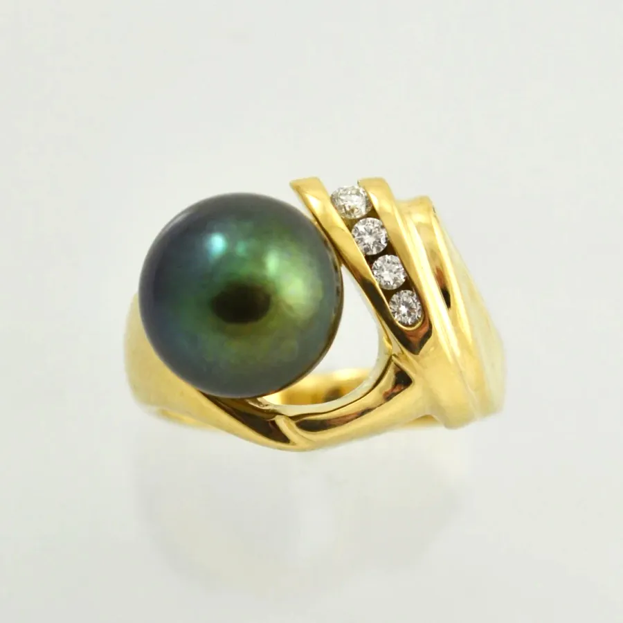 14K Tahitian "Peacock" Pearl Ring Vibrant Blue Green Lustre accented with 4 Diamonds - A Classic Piece by Sharon Teaman
