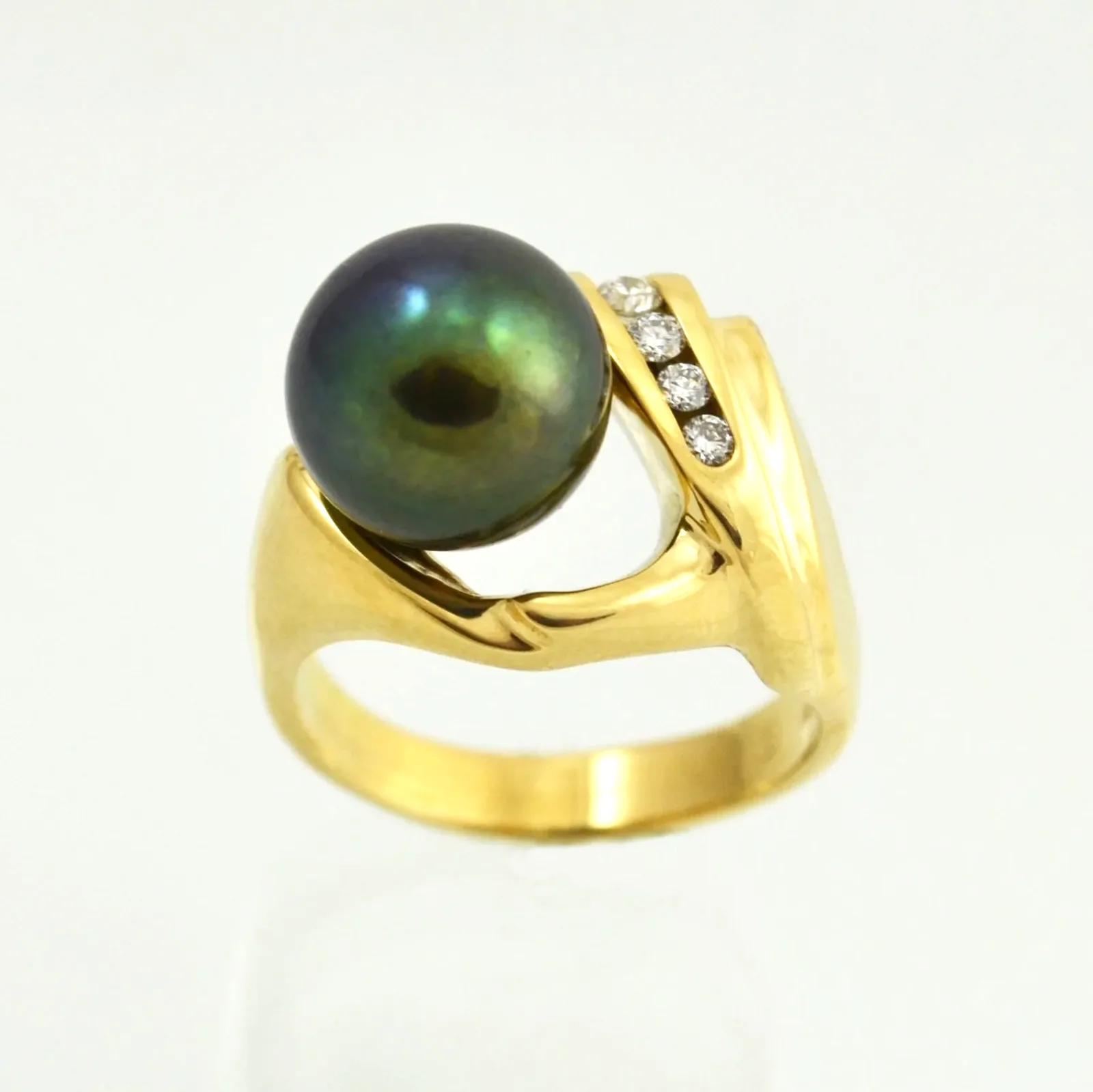 14K Tahitian "Peacock" Pearl Ring Vibrant Blue Green Lustre accented with 4 Diamonds - A Classic Piece by Sharon Teaman — view 2