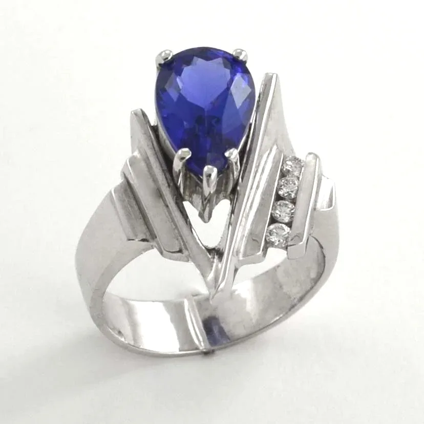 14k W 3.27 carat "AAA" Tanzanite "V" Ring with 4 channel set Diamond accents (earth mined) by Sharon Teaman — view 1