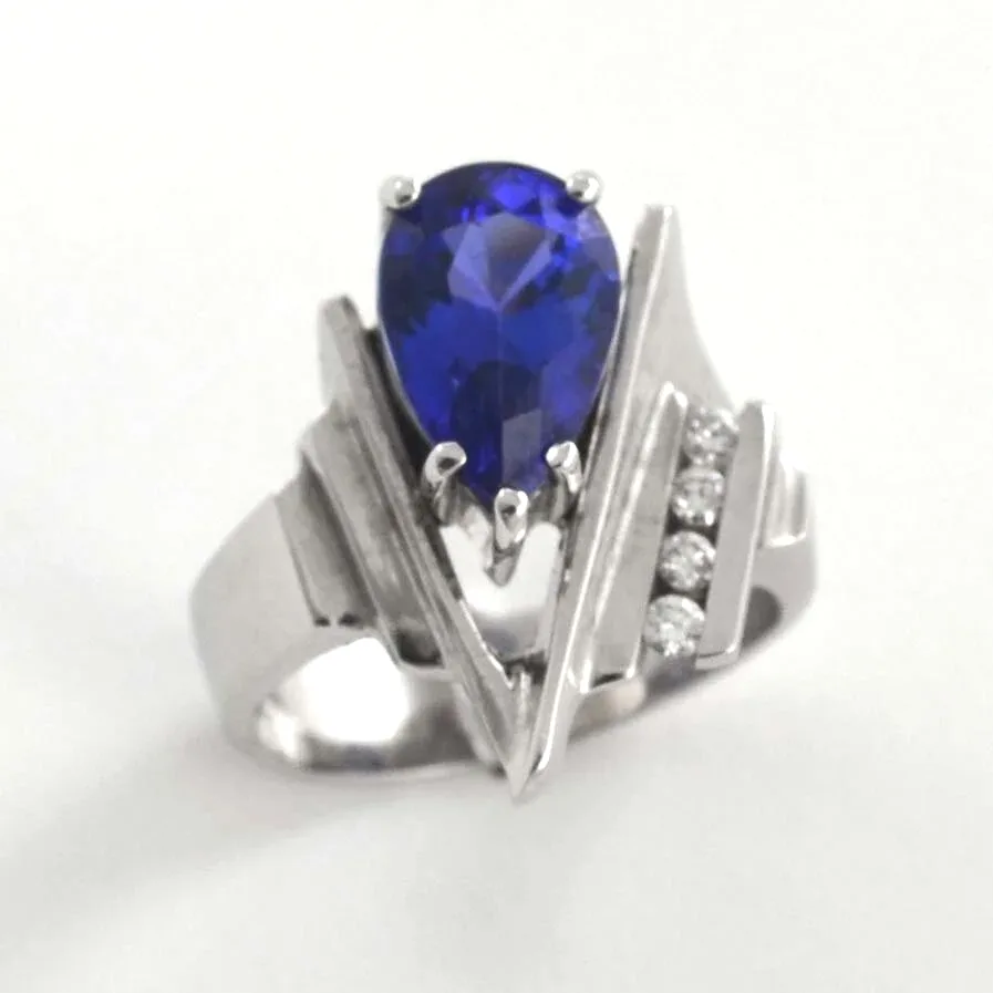 14k W 3.27 carat "AAA" Tanzanite "V" Ring with 4 channel set Diamond accents (earth mined) by Sharon Teaman — view 2