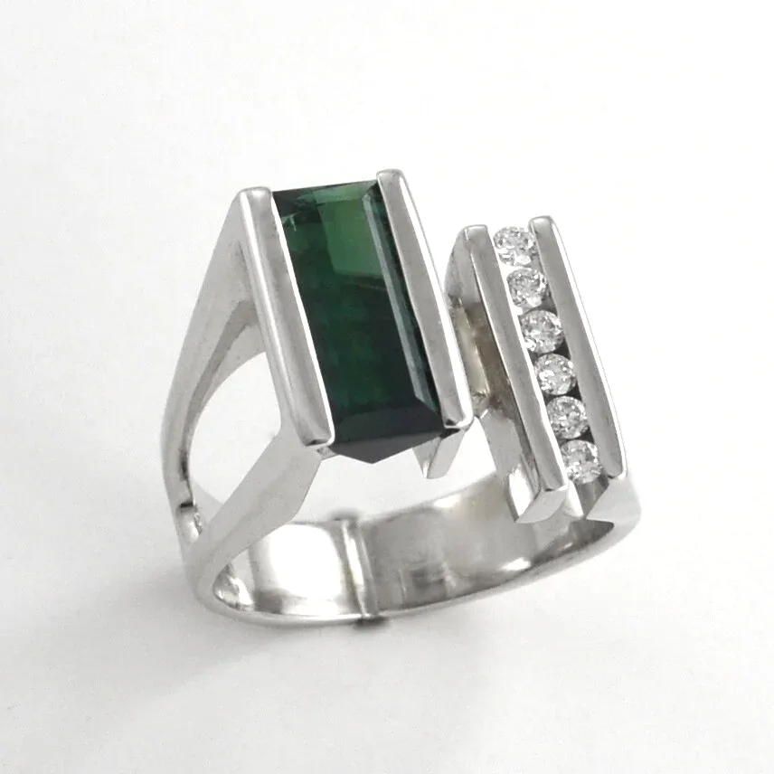 14K W Feather Faceted Bar Cut Green Tourmaline Ring by Sharon Teaman — view 2