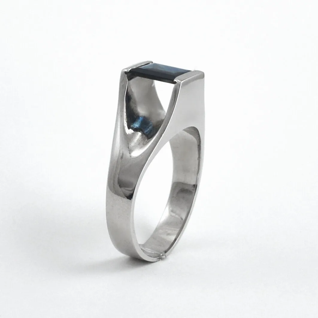 14K W Midnight Blue Sapphire Classic Bar Set Ring Clean, Regal, Sexy by Sharon Teaman — view 3