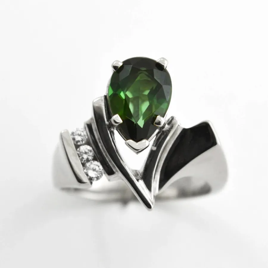 14K W Pear Shape Green Tourmaline Ring by Sharon Teaman