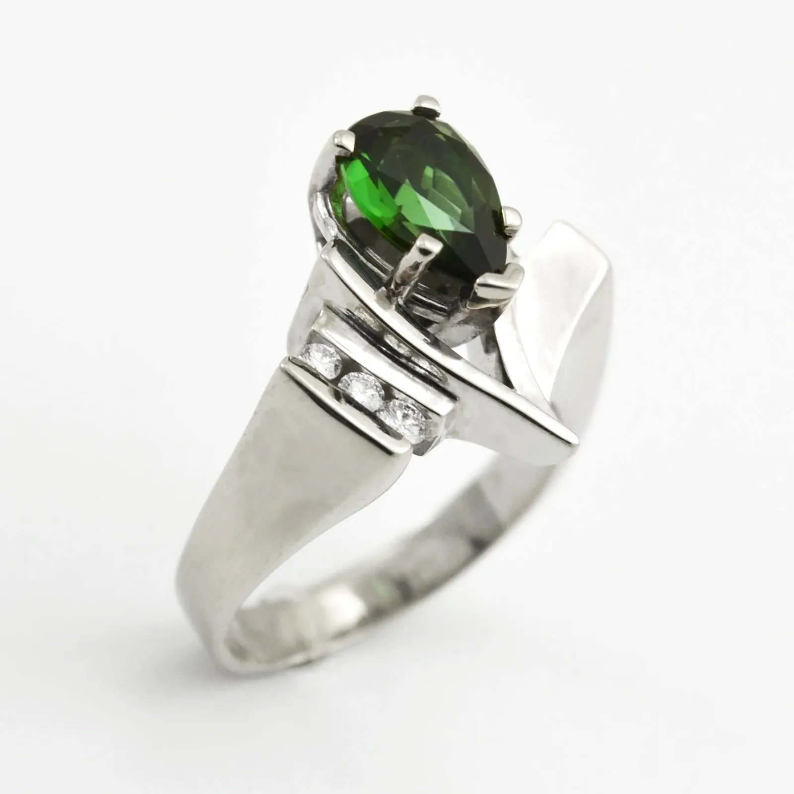 14K W Pear Shape Green Tourmaline Ring by Sharon Teaman — view 2