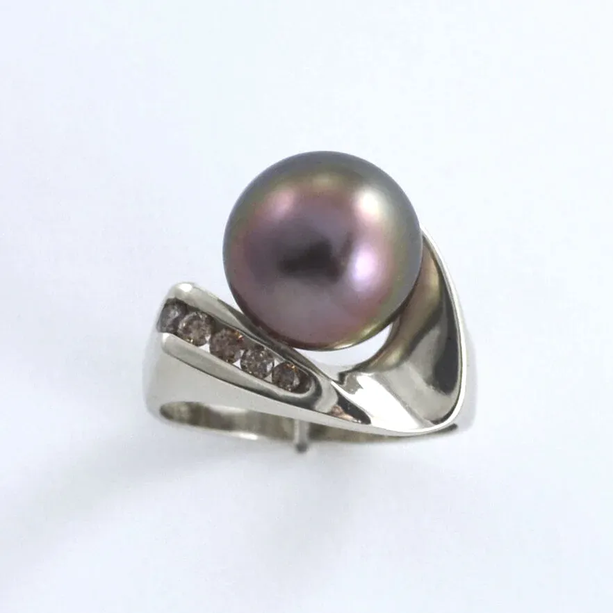 14K W Tahitian Pearl in a Rose Blush Chocolate Pearl Ring Accented with 5 Chocolate Diamonds (Graduated Sizes & Earth mined) by Sharon Teaman