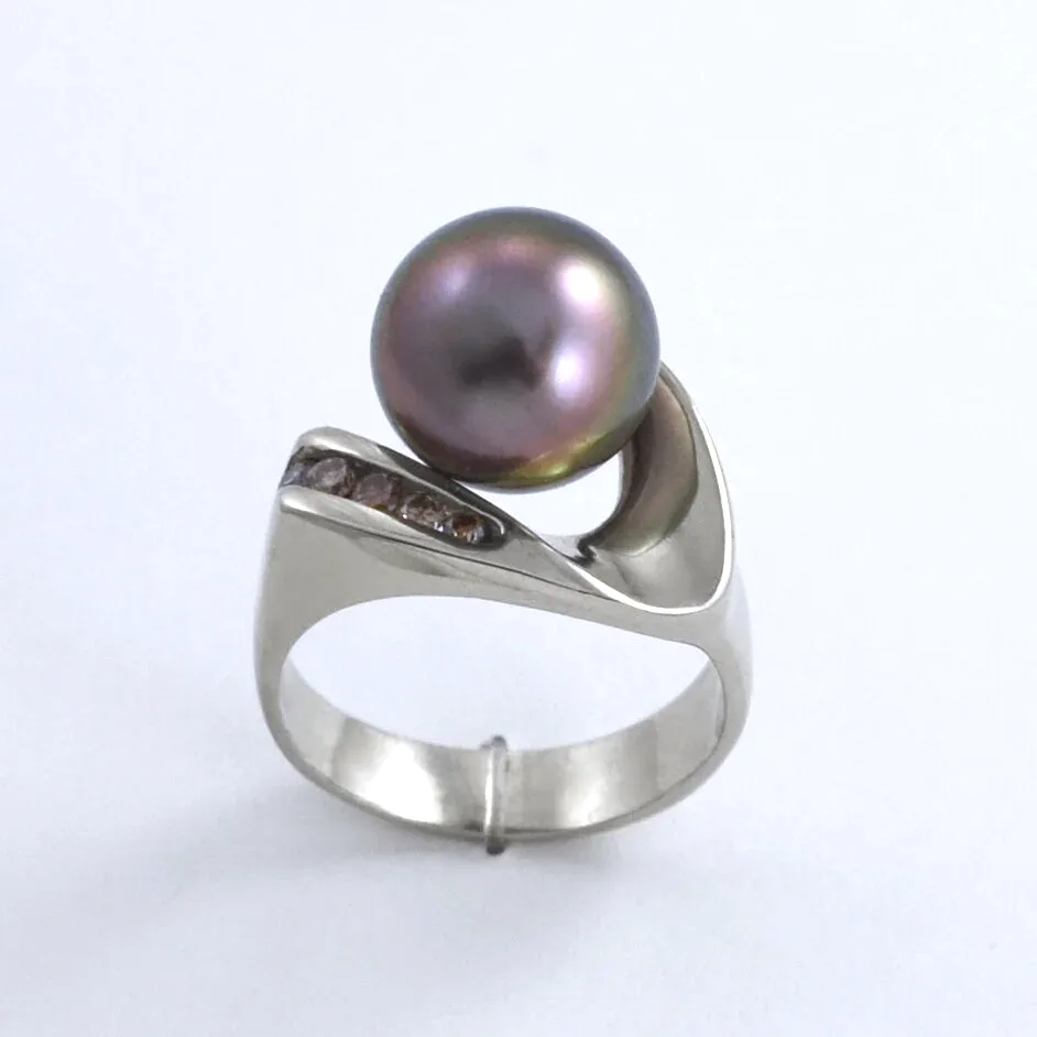 14K W Tahitian Pearl in a Rose Blush Chocolate Pearl Ring Accented with 5 Chocolate Diamonds (Graduated Sizes & Earth mined) by Sharon Teaman — view 2