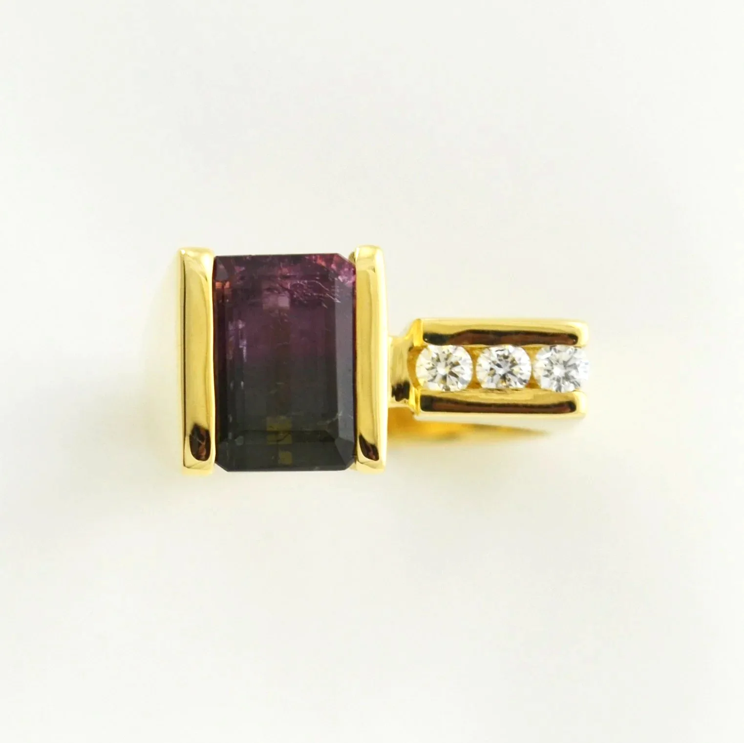 3.30 carat Bi Color Tourmaline Ring with 3 channel set Diamond accents (earth mined) by Sharon Teaman — view 1