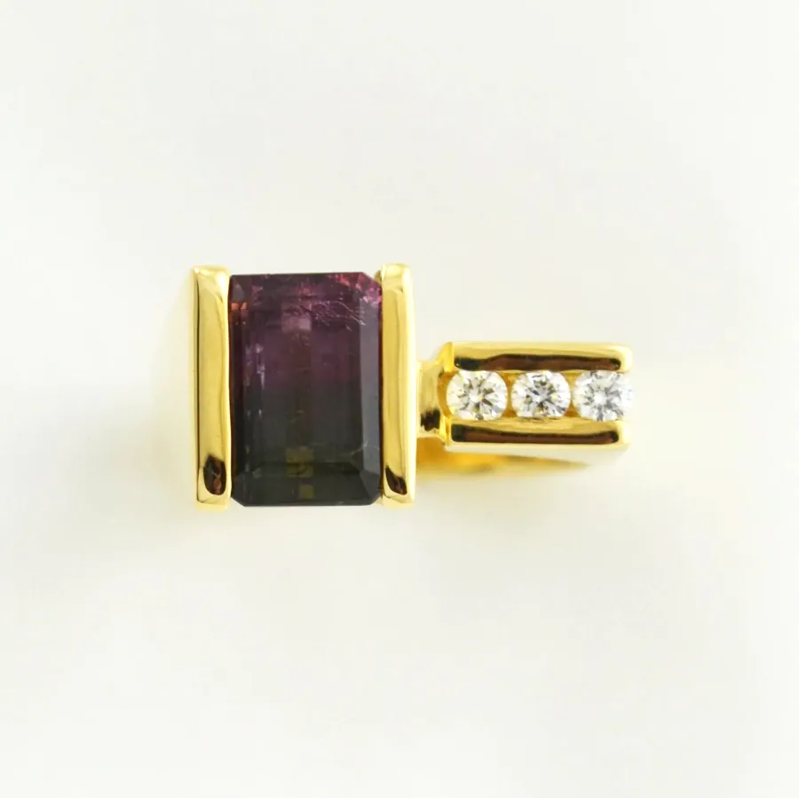 3.30 carat Bi Color Tourmaline Ring with 3 channel set Diamond accents (earth mined) by Sharon Teaman