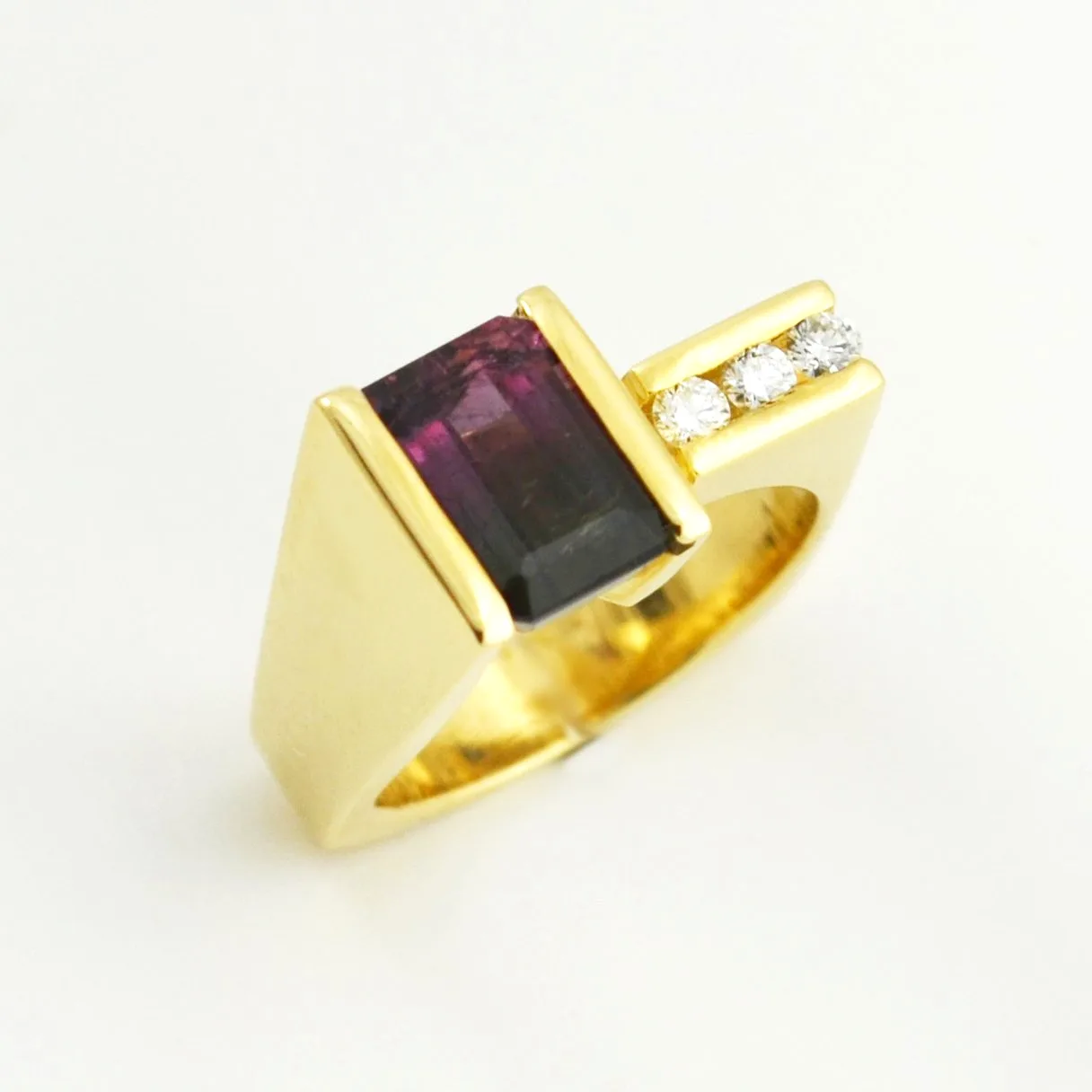3.30 carat Bi Color Tourmaline Ring with 3 channel set Diamond accents (earth mined) by Sharon Teaman — view 2