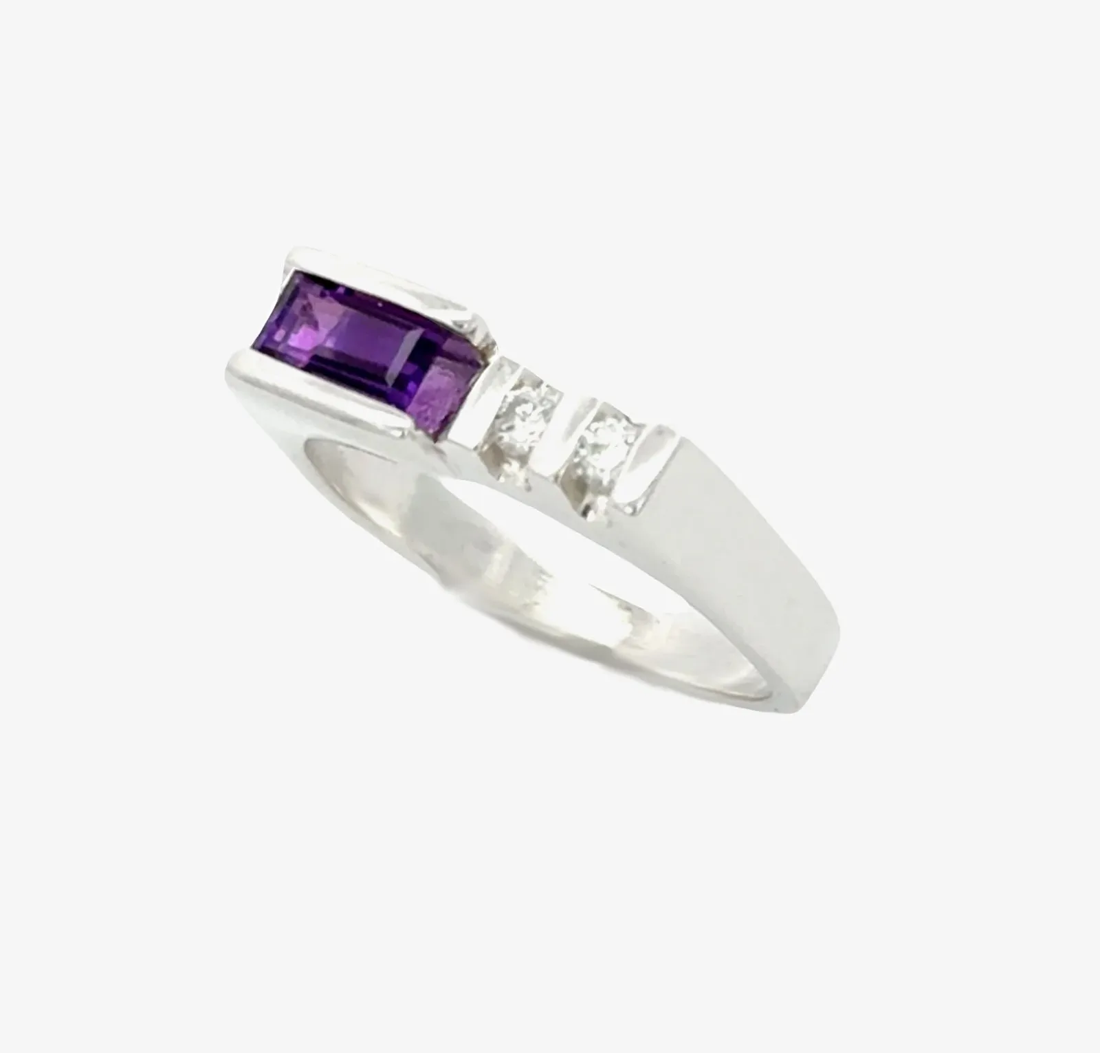 Amethyst Horizontal Baguette Sterling Silver Ring with Moissanite Accents by Sharon Teaman — view 2