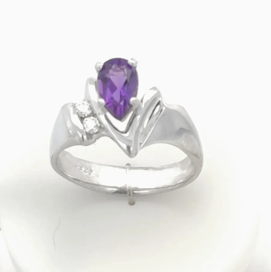 Amethyst "V" Sterling Silver Ring accented with 2 round Moissanite Gems by Sharon Teaman