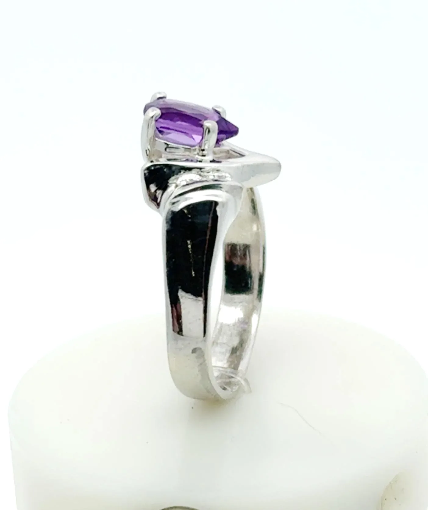 Amethyst "V" Sterling Silver Ring accented with 2 round Moissanite Gems by Sharon Teaman — view 2