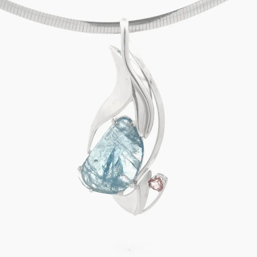 Aquamarine Faceted Slice with Optical Iridescence (Rainbow effect) and Pastel Pink Tourmaline Accent by Sharon Teaman