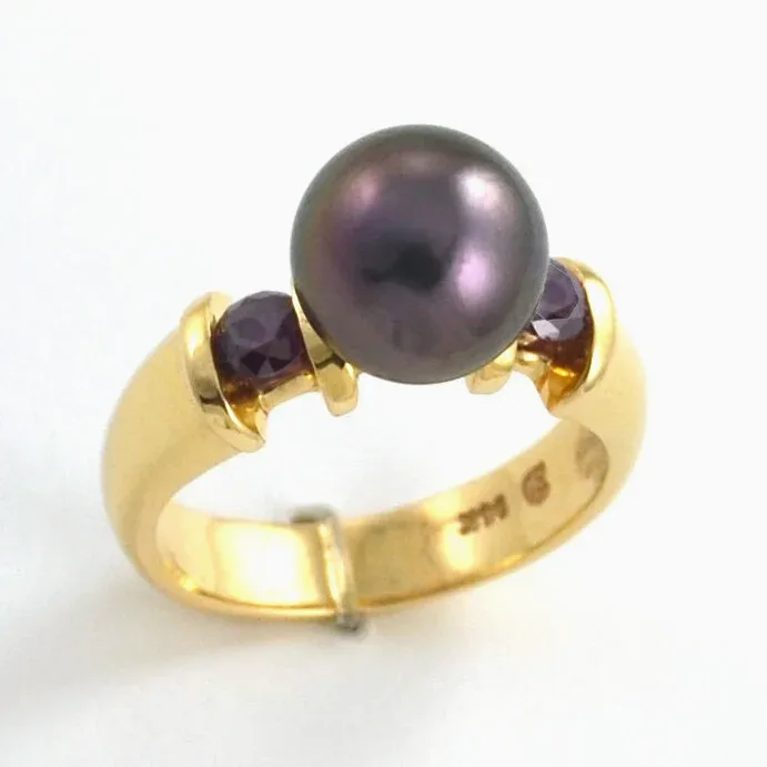 Aubergine (Eggplant Color) Tahitian Pearl Ring with 2 Marching Raspberry Colored Diamonds (Earth mined) by Sharon Teaman — view 1
