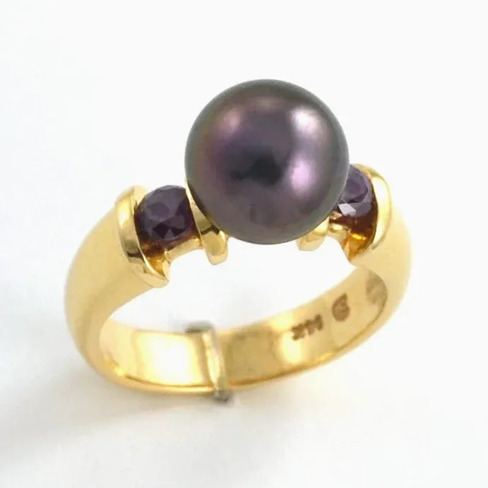 Aubergine (Eggplant Color) Tahitian Pearl Ring with 2 Marching Raspberry Colored Diamonds (Earth mined) by Sharon Teaman