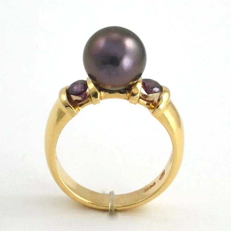Aubergine (Eggplant Color) Tahitian Pearl Ring with 2 Marching Raspberry Colored Diamonds (Earth mined) by Sharon Teaman — view 2
