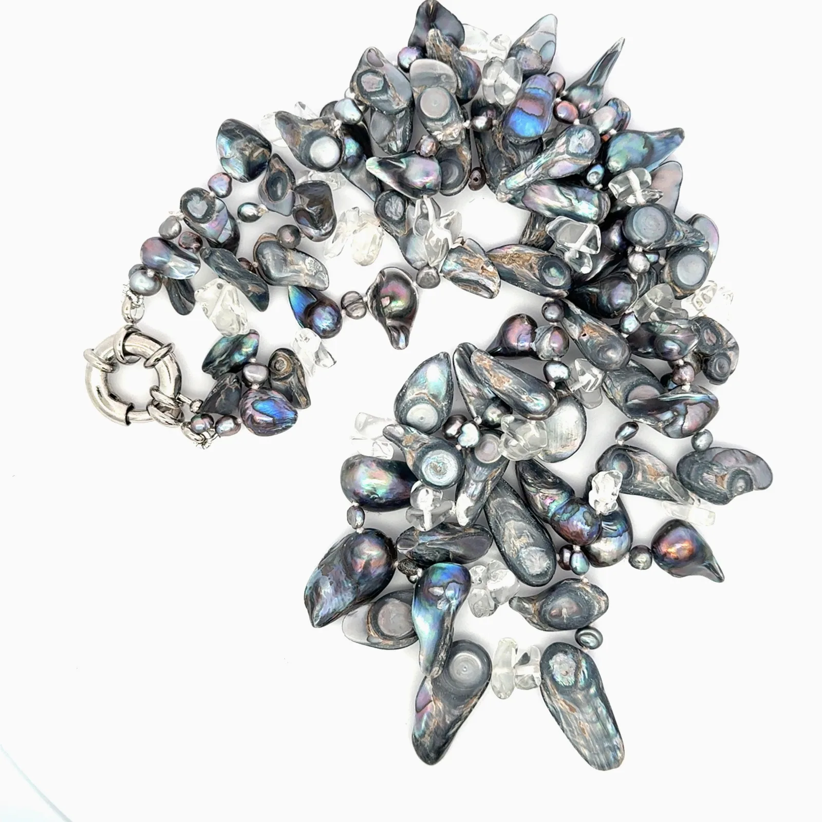 BLK COMBO Black Freshwater Pearls, Mother of Pearl and Quartz necklace by Sharon Teaman — view 2