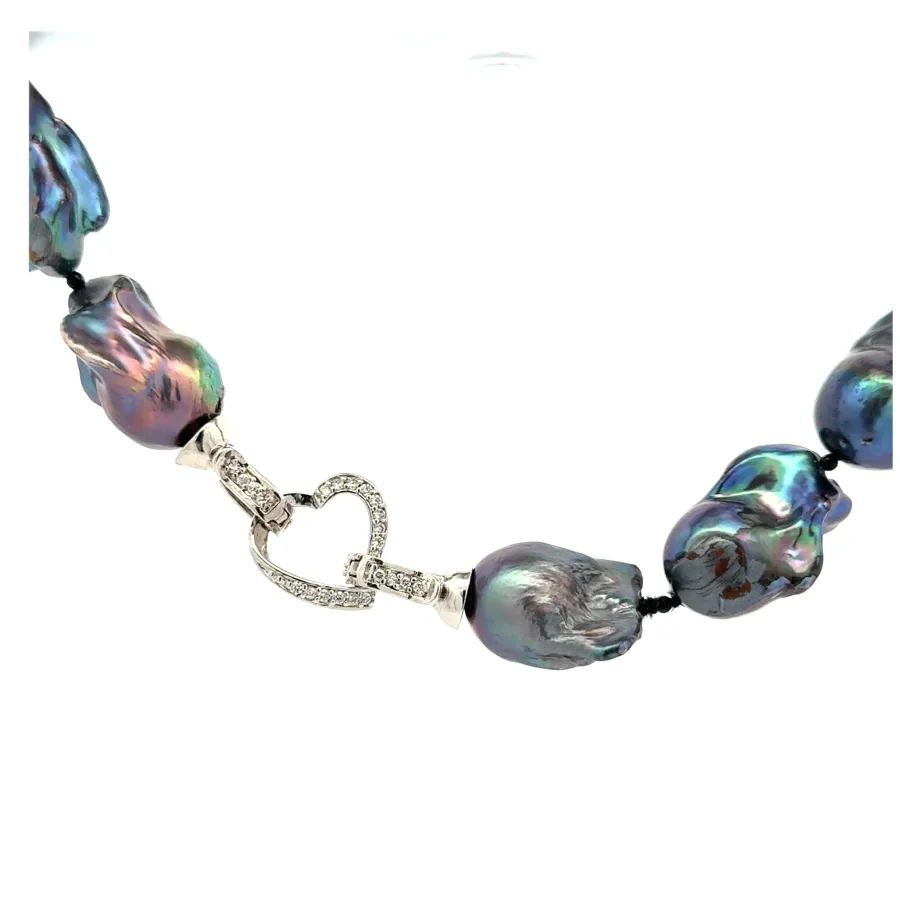 Blk Large Freshwater Black Baroque Pearls 20mm to 15mm with Silver Heart Shaped Crystal Clasp by Sharon Teaman