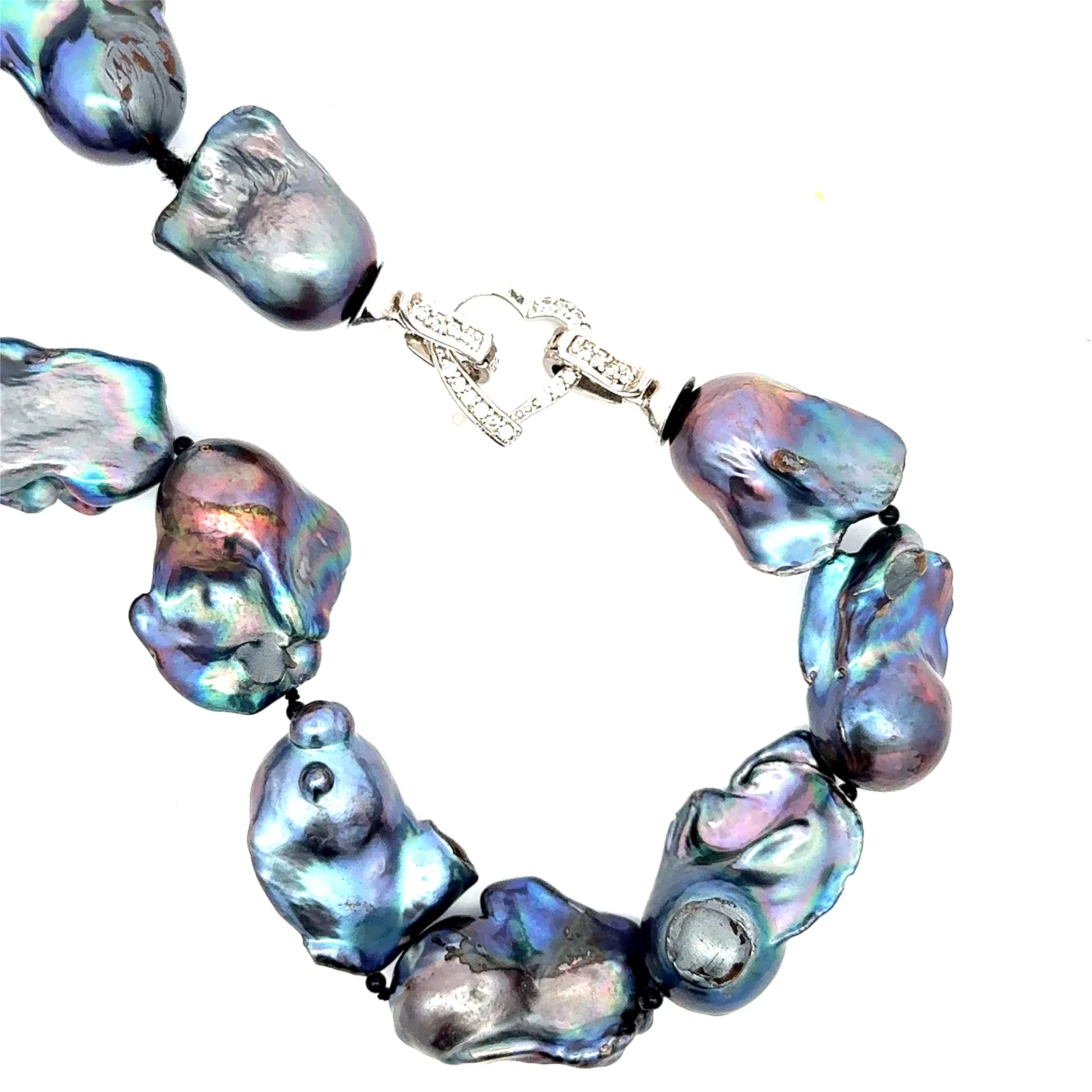 Blk Large Freshwater Black Baroque Pearls 20mm to 15mm with Silver Heart Shaped Crystal Clasp by Sharon Teaman — view 2