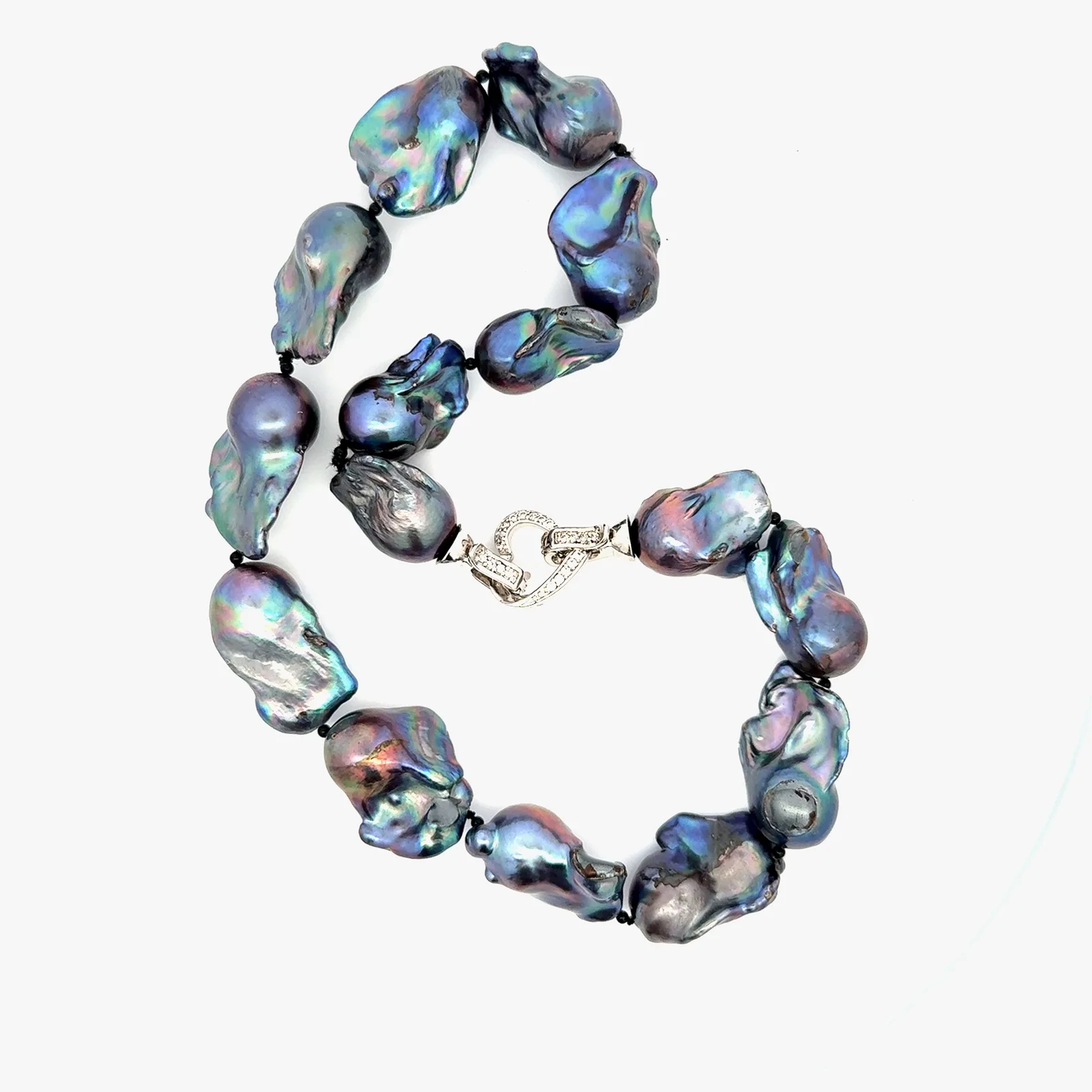 Blk Large Freshwater Black Baroque Pearls 20mm to 15mm with Silver Heart Shaped Crystal Clasp by Sharon Teaman — view 3