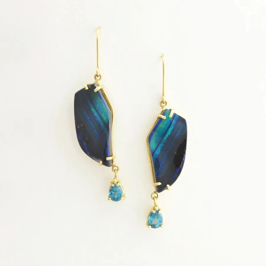 Boulder Opal Doublets accented with Blue Zircon - Earrings by Sharon Teaman