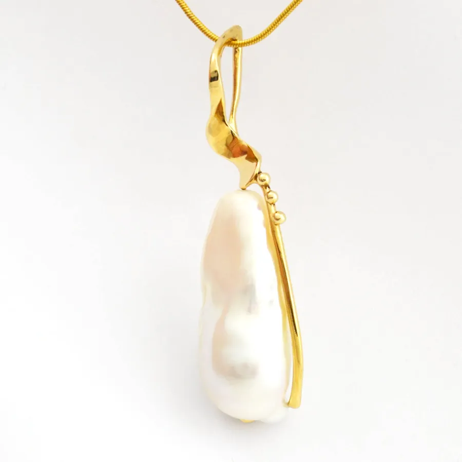 BQ White Elongated Baroque Pearl Pendant in 14K Yellow Gold by Sharon Teaman