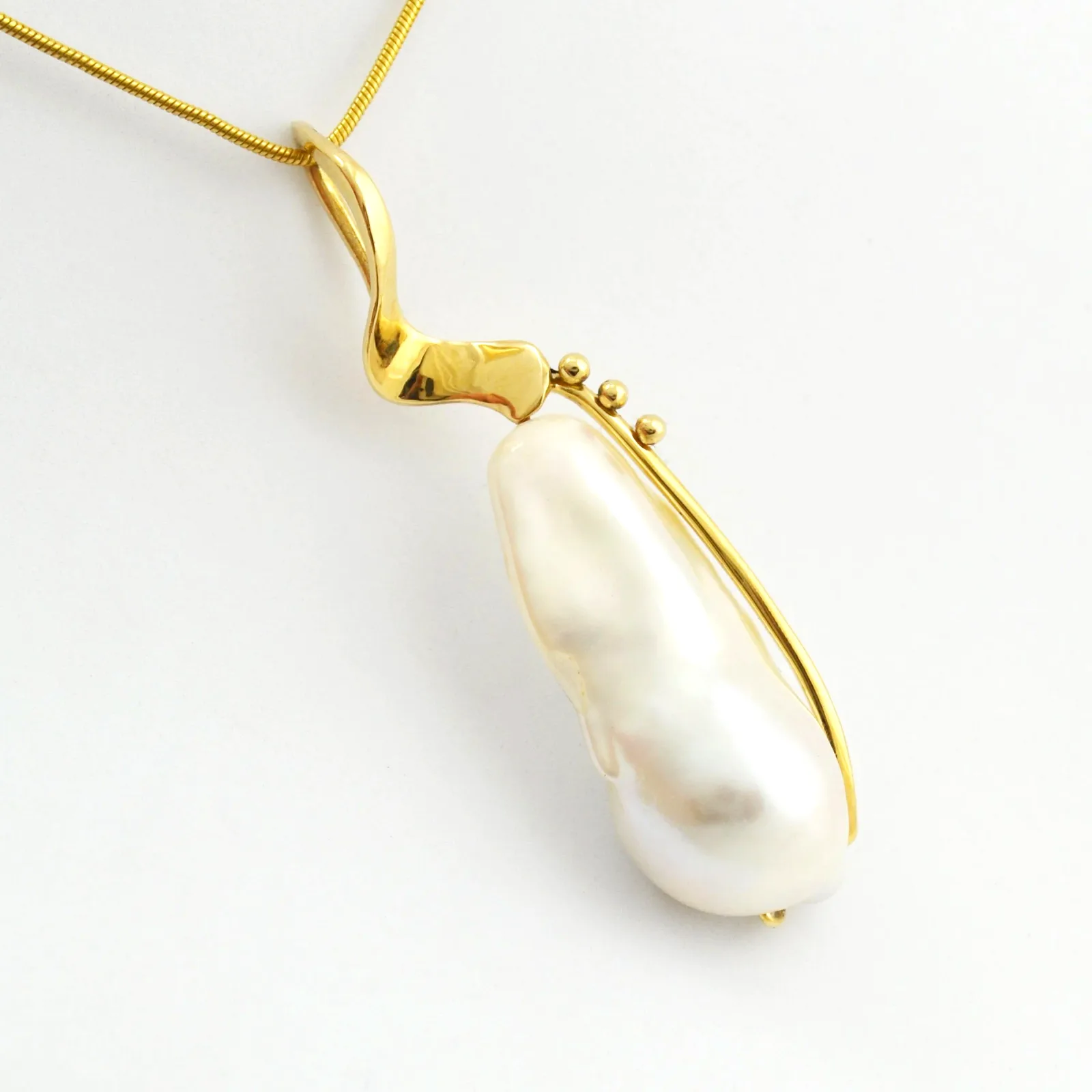 BQ White Elongated Baroque Pearl Pendant in 14K Yellow Gold by Sharon Teaman — view 2