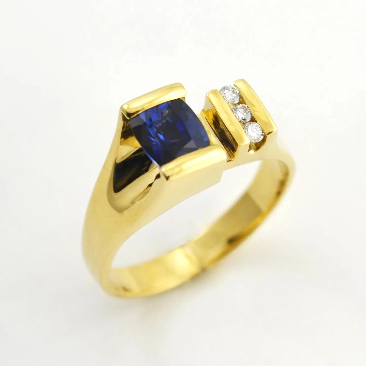 Cushion Cut Ceylon Sapphire Ring in a classically tailored style. Perfect "Ceylon blue" color accented with 3 channel set Diamonds (earth mined) by Sharon Teaman — view 2