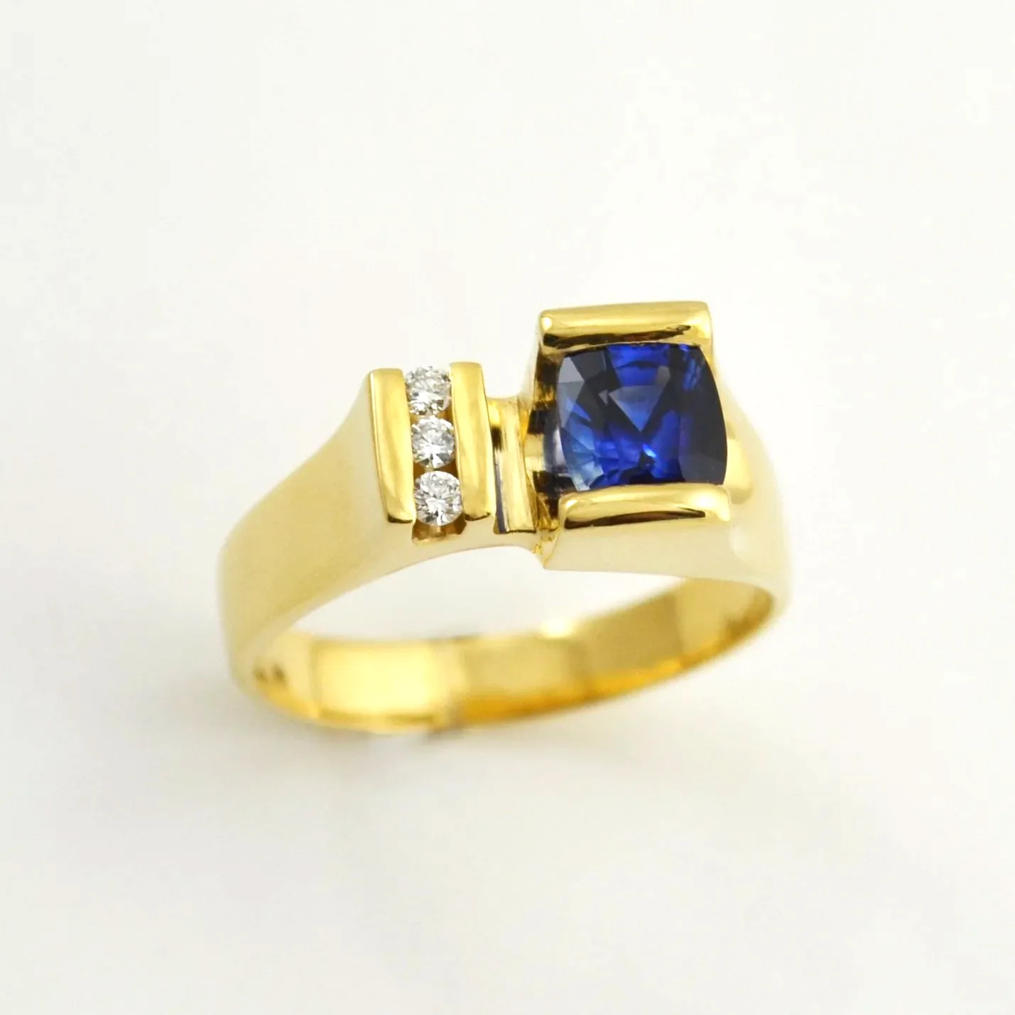 Cushion Cut Ceylon Sapphire Ring in a classically tailored style. Perfect "Ceylon blue" color accented with 3 channel set Diamonds (earth mined) by Sharon Teaman — view 4