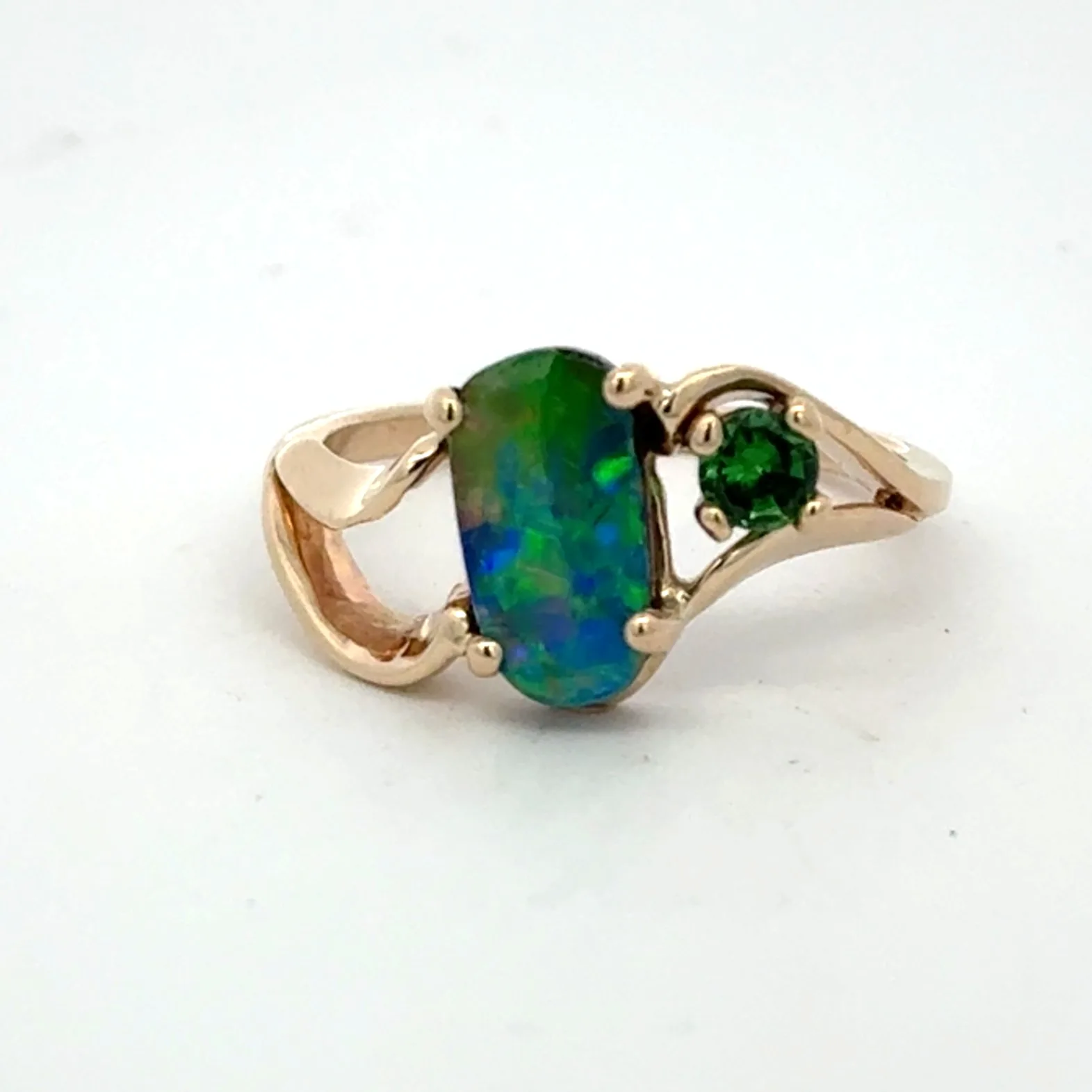 Dbl Bdr Boudler Opal Wave Doublet Ring with Green Tsavorite Garnet Ring in 14K YG by Sharon Teaman — view 1