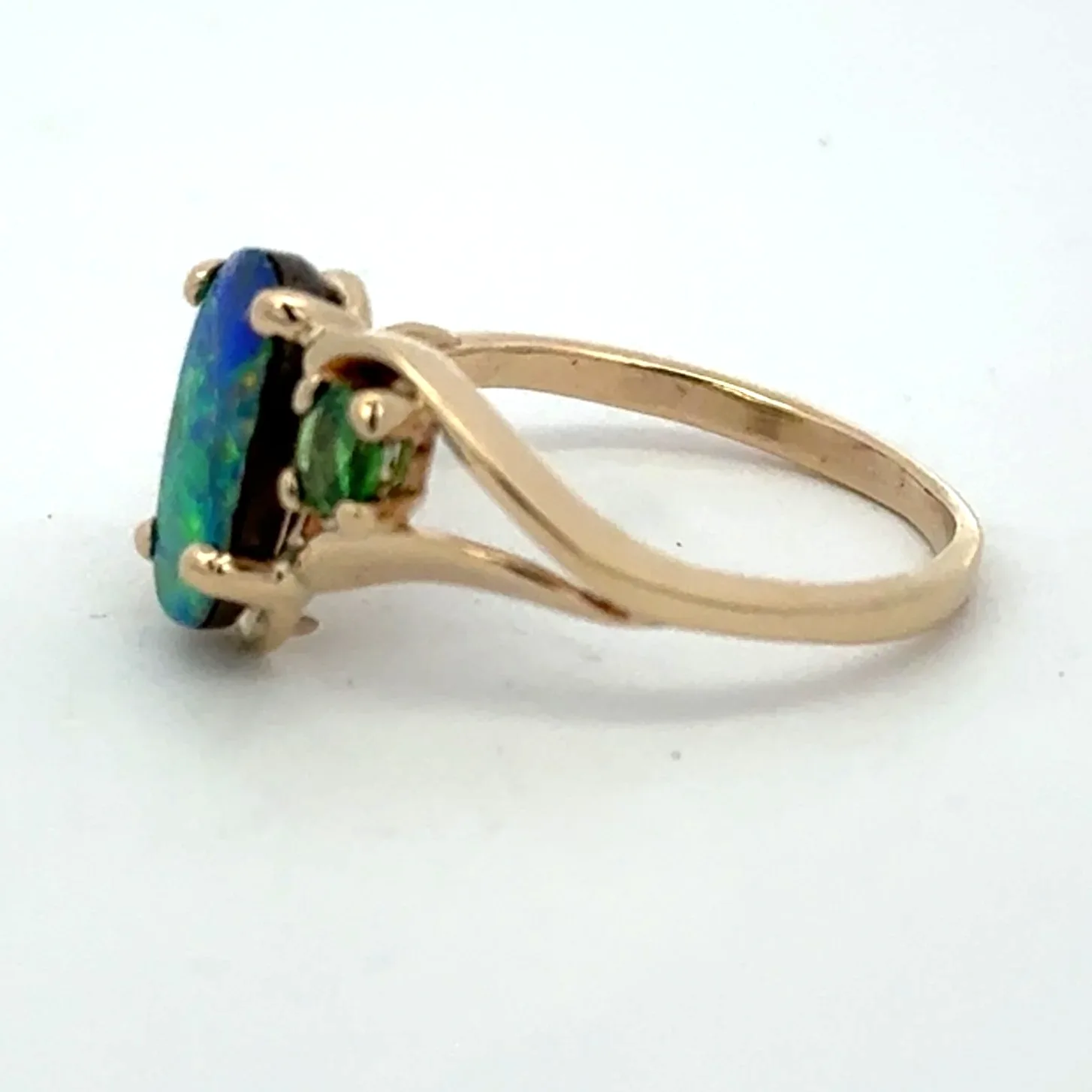 Dbl Bdr Boudler Opal Wave Doublet Ring with Green Tsavorite Garnet Ring in 14K YG by Sharon Teaman — view 2