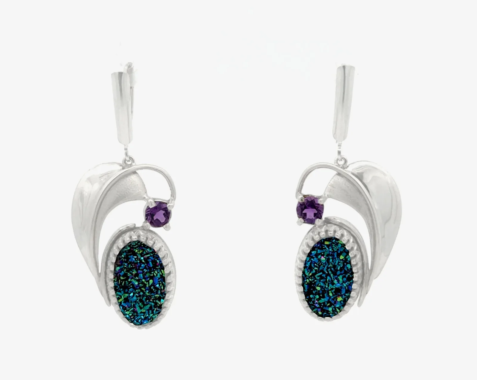 Drusy Multi Color Crystal Oval Earrings with Amethyst Accent in Sterling by Sharon Teaman — view 1