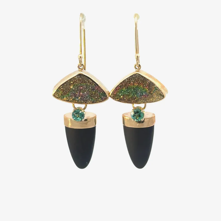 Drusy Rare Natural Rainbow Drusy, Onyx Tongue and Green Tourmaline Dangle Earrings - Overall Measurement 50 x 18mm by Sharon Teaman