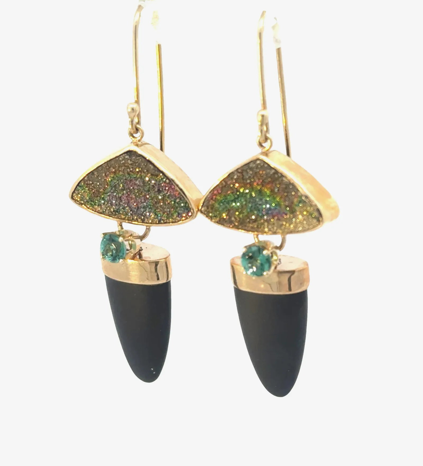 Drusy Rare Natural Rainbow Drusy, Onyx Tongue and Green Tourmaline Dangle Earrings - Overall Measurement 50 x 18mm by Sharon Teaman — view 2