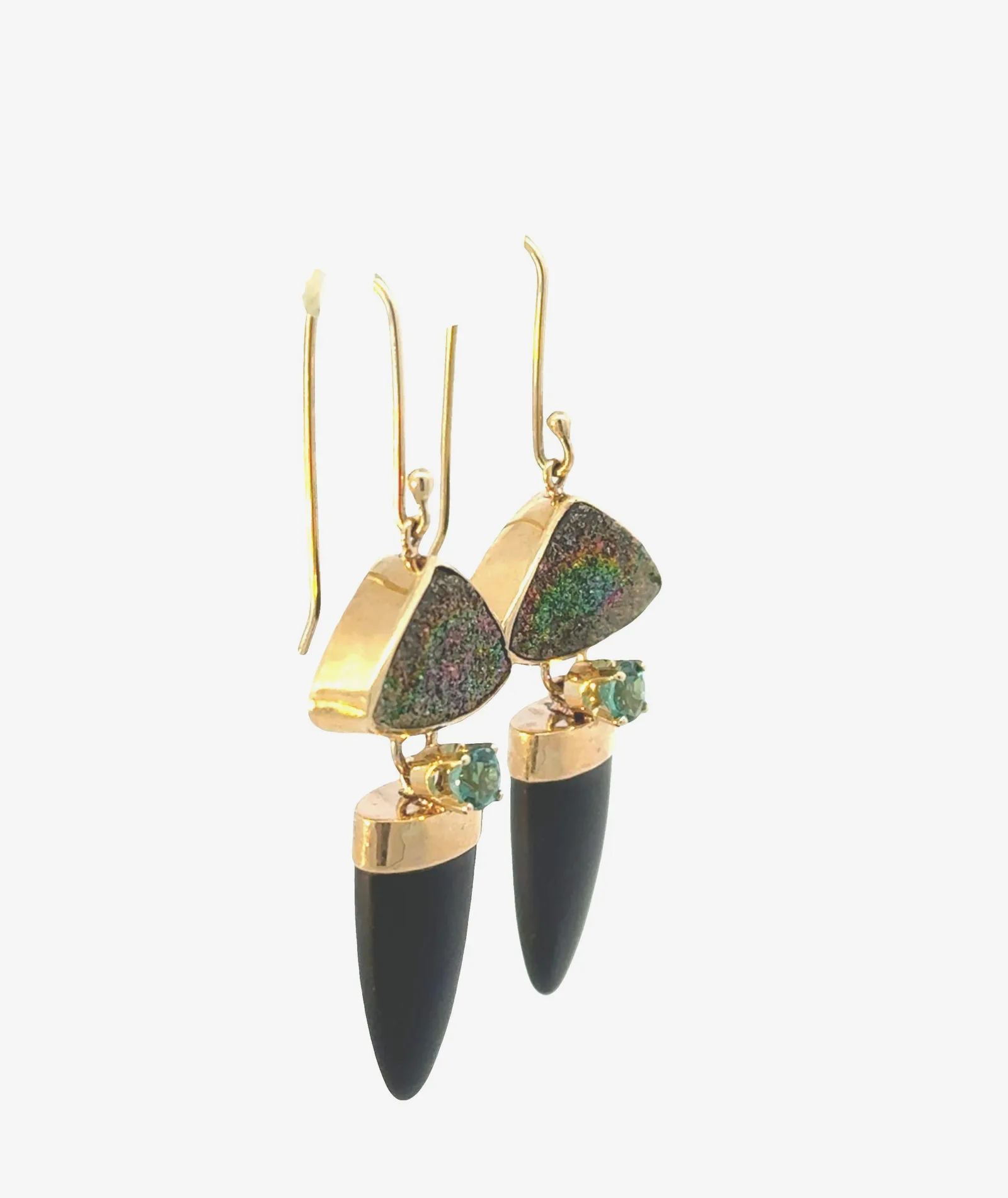 Drusy Rare Natural Rainbow Drusy, Onyx Tongue and Green Tourmaline Dangle Earrings - Overall Measurement 50 x 18mm by Sharon Teaman — view 3
