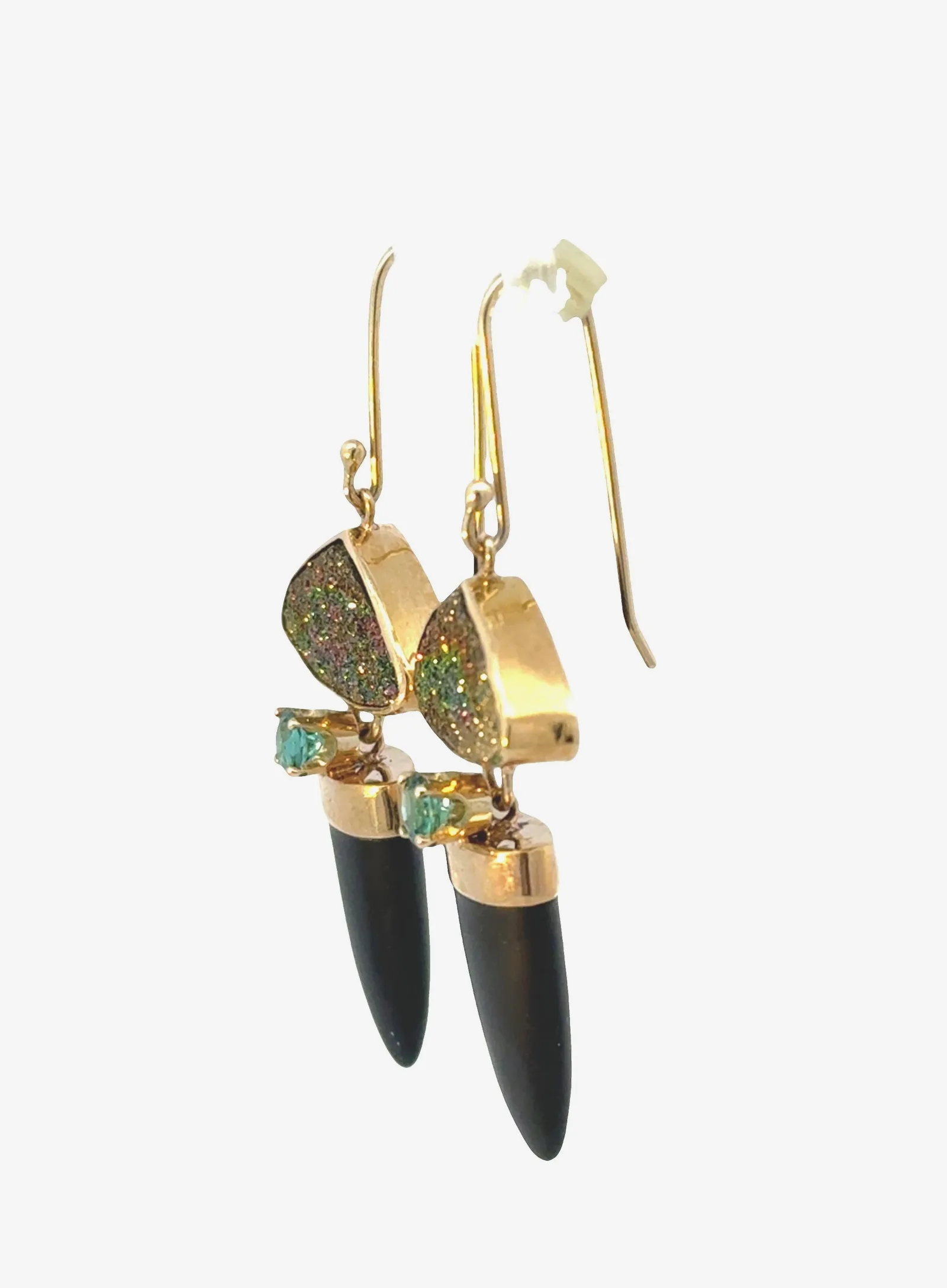 Drusy Rare Natural Rainbow Drusy, Onyx Tongue and Green Tourmaline Dangle Earrings - Overall Measurement 50 x 18mm by Sharon Teaman — view 4