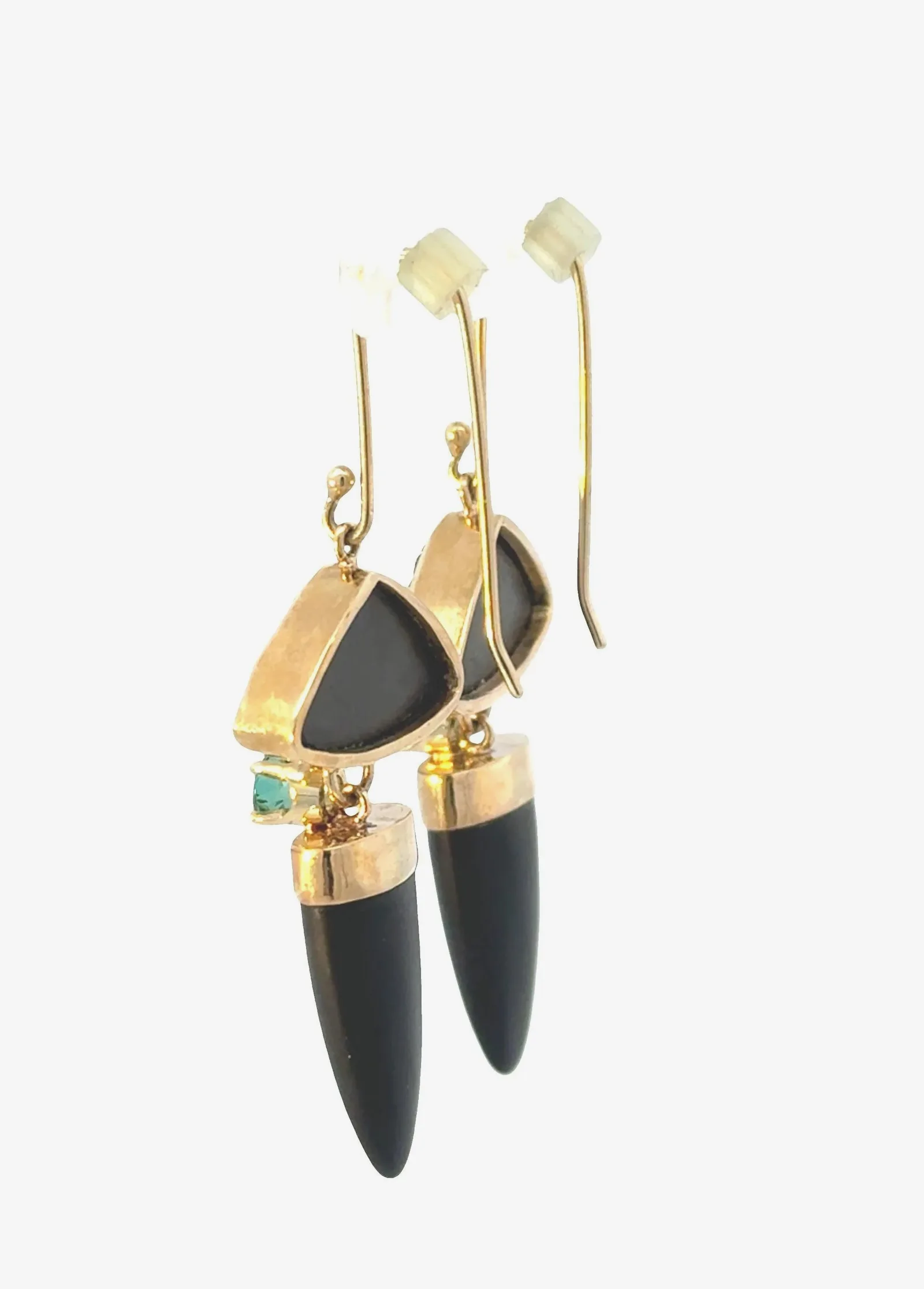 Drusy Rare Natural Rainbow Drusy, Onyx Tongue and Green Tourmaline Dangle Earrings - Overall Measurement 50 x 18mm by Sharon Teaman — view 5