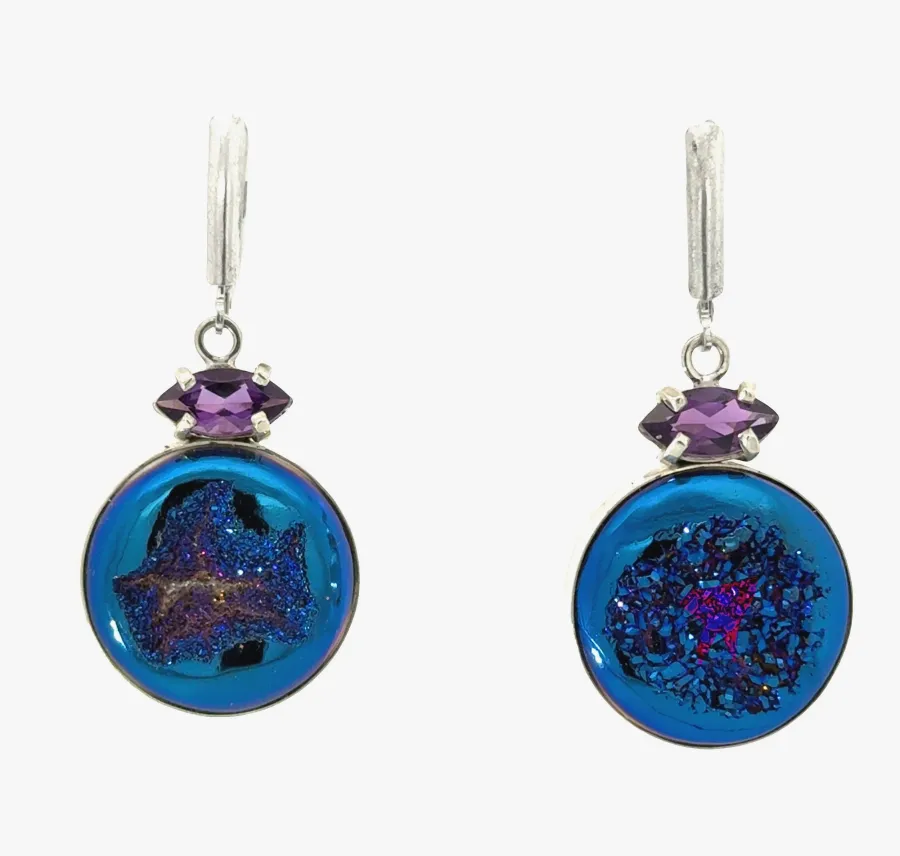 Drusy Round Blue Drusy with Marquis Amethyst Earrings Sterling Silver by Sharon Teaman