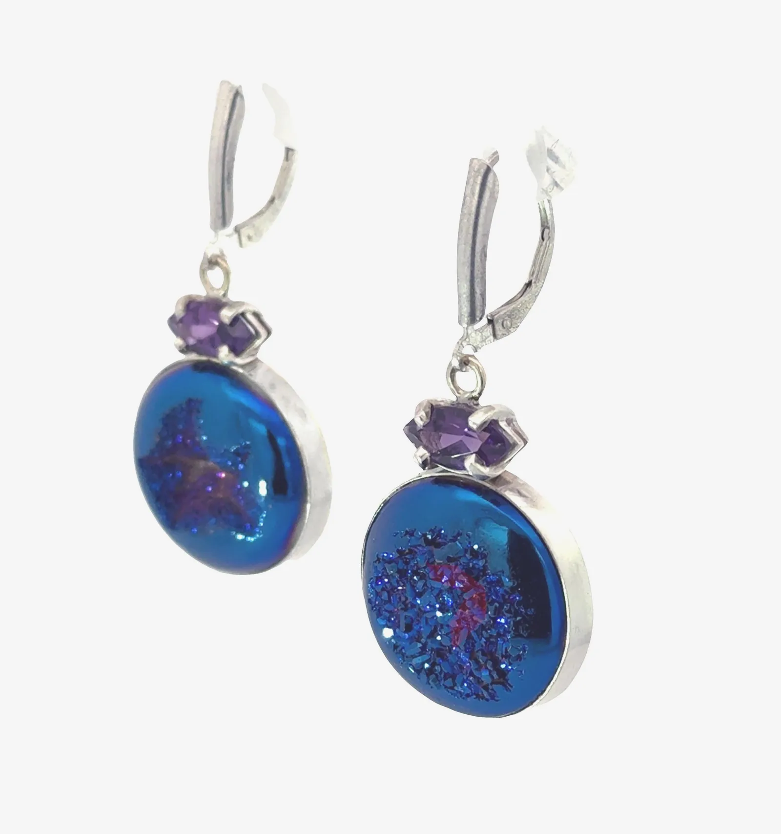Drusy Round Blue Drusy with Marquis Amethyst Earrings Sterling Silver by Sharon Teaman — view 2
